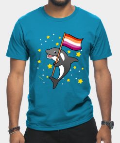 Lesbian T-Shirts - Orca With Orange Pink Lesbian Pride Flag T-Shirt TP1503 16 - Lesbian Flag Orca With Orange Pink Lesbian Pride Flag